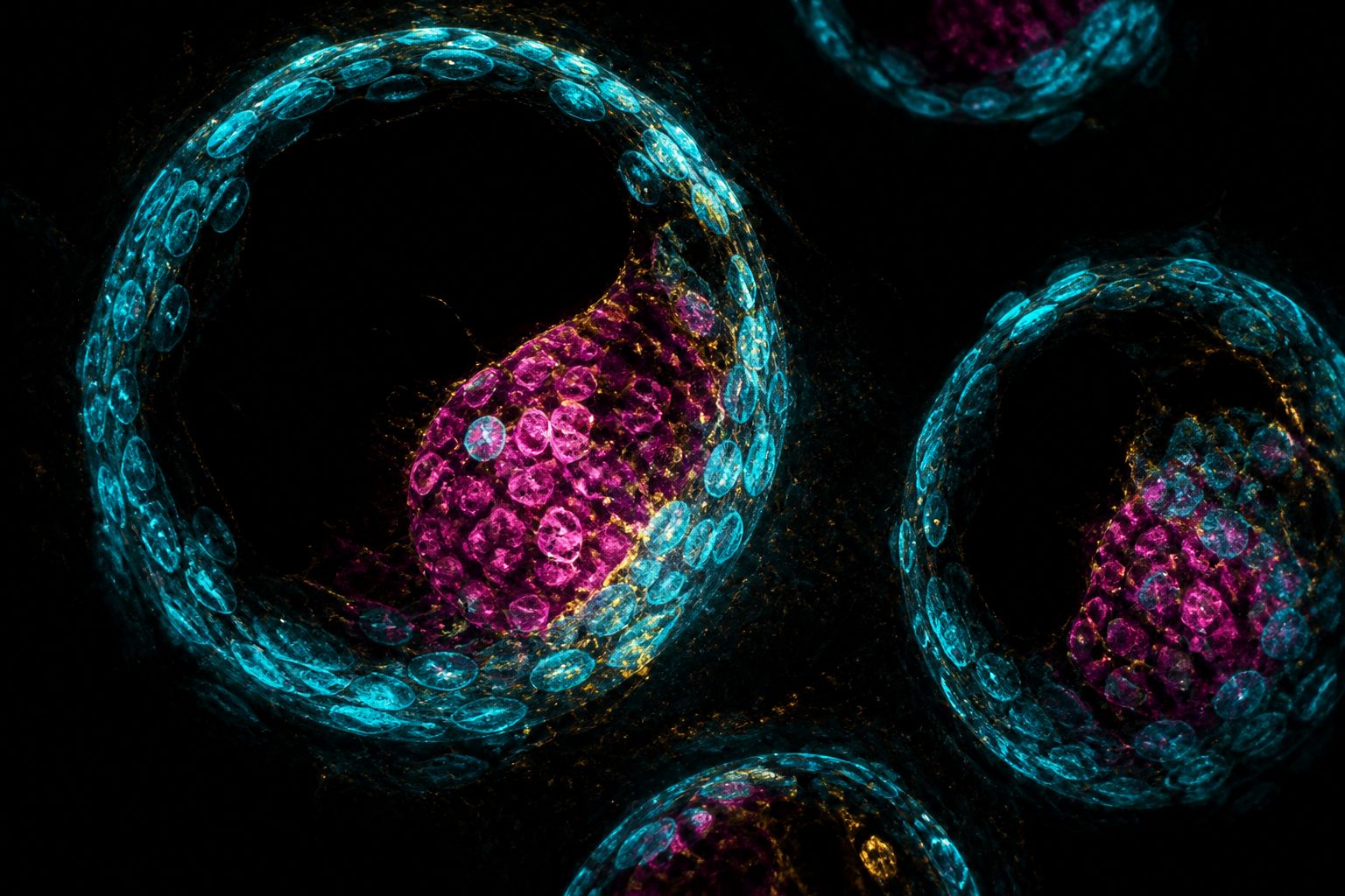 Artistic fluorescence treatment of blastocyst-like cysts, cyan outer cells and magenta inner cell mass on black.